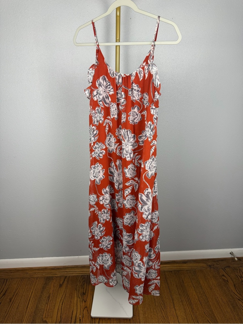 Who What Wear Rust Floral Cold Shoulder Ruffle Maxi Dress XS Orange Berry